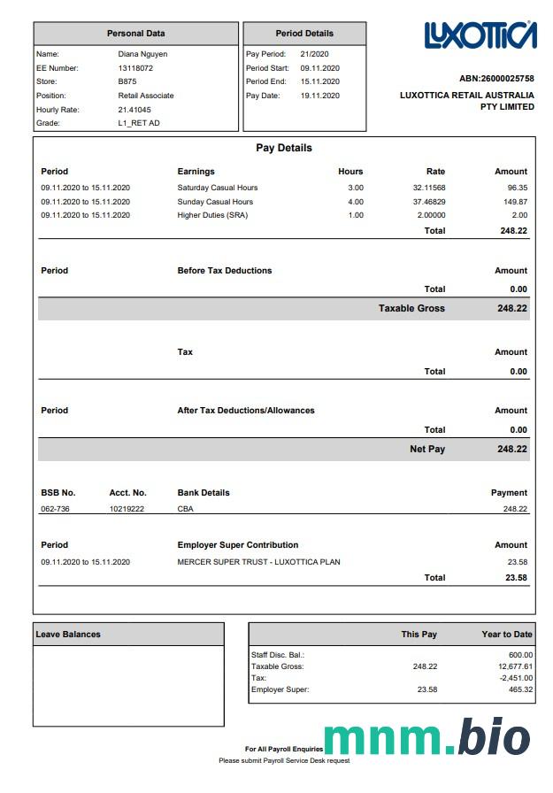 Szablon Luxottica Retail paystub w formatach Word i PDF